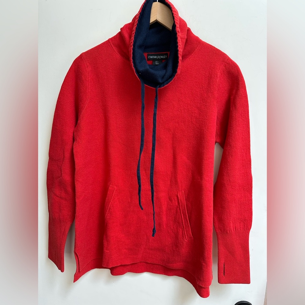 Cynthia Rowley Red Cowl Neck Sweater with Blue Accents
